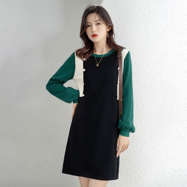 

langyi knitted autumn style stitching round neck long sleeve color matching loose medium length, White;black