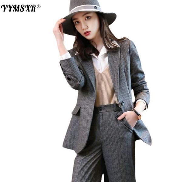 

women's two piece pants 2021 autumn and winter professional suit interview work clothes high-quality fashion jacket + high-waist trouse, White