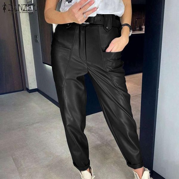 

women's pants & capris autumn pocket high waist palazzo 2022 female long pantalon oversize fashion pu leather womens solid pencil tro, Black;white