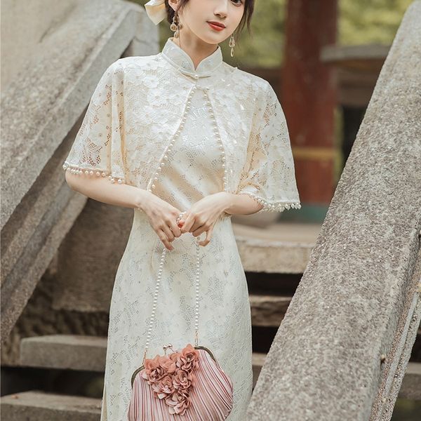 

luxury cheongsam sito tong's ladi temperament improved lace drs with small shawl two-piece summer cheongsam, Blue;red