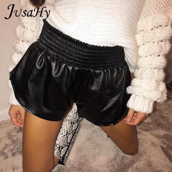 

women's shorts jusahy y2k solid basic faux pu high waist for women summer fashion elastic slim casual streetwear female straight pants, White;black