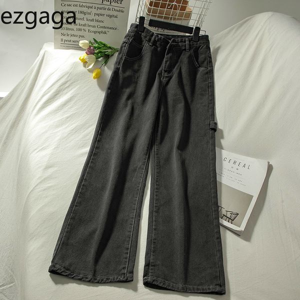 

ezgaga high waist jeans women fashion autumn black wide leg pants solid loose denim long trouser street wear femme pantalon 210430, Blue