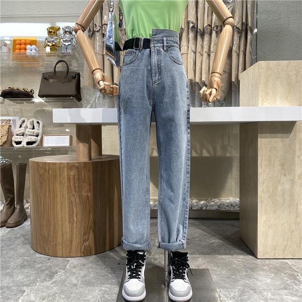 

women's pants & capris brand original design 2021 stitched jeans with irregular high waist belt show slim versatile loose straight, Black;white
