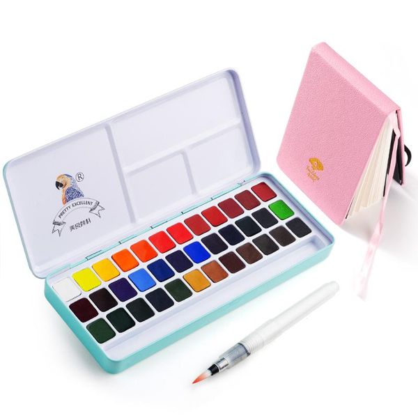 

gift sets meiliang solid watercolor paint set 36 colors portable metal half pan with palette and brushes + notebook 20 sheets