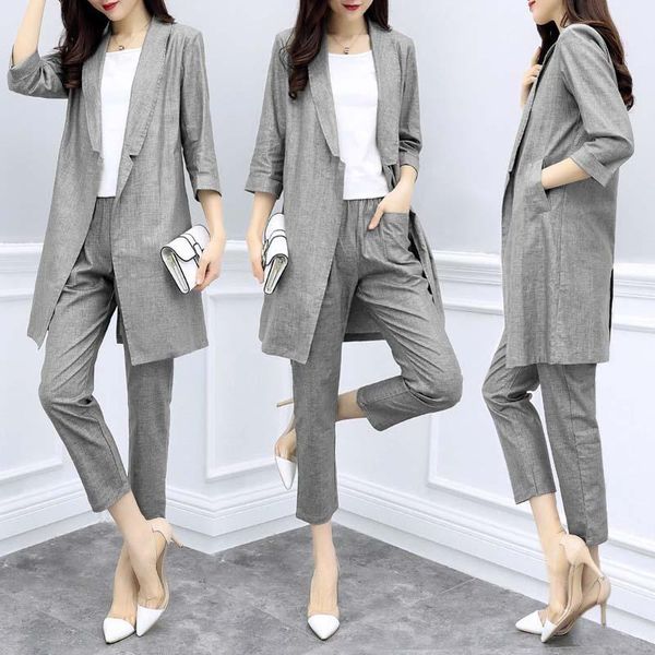 

women's tracksuits spring autumn two pieces sets women suits cotton linen blazers casual elegant office for ladies style long pants set, Gray