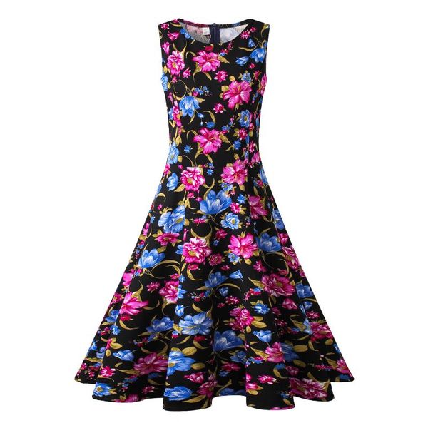 

hepburn style floral printing vintage summer dress women sleeveless large swing party plus size s-3xl casual dresses, Black;gray