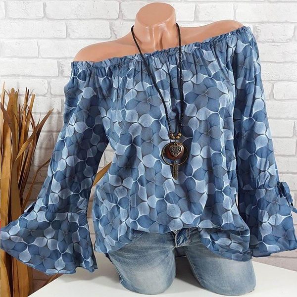 

women slash neck print blouse casual flare sleeve chiffon loose shirt long plus size women's blouses & shirts, White