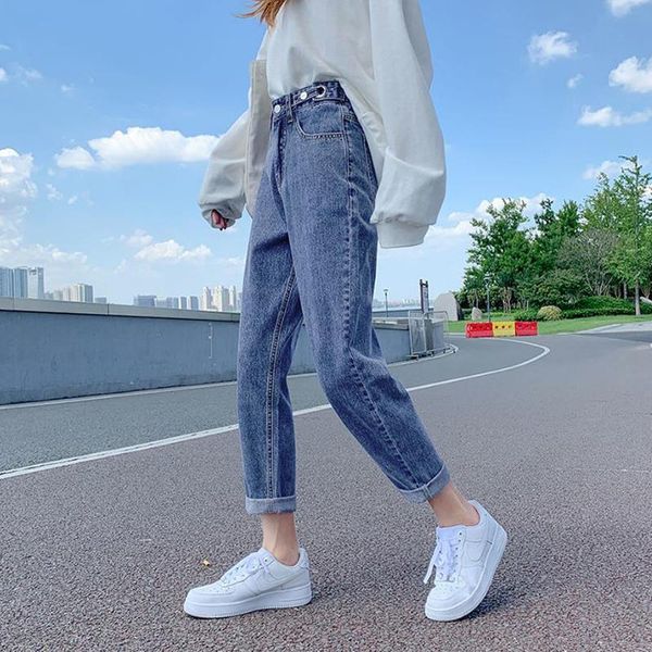 

women's jeans 2021 women pants loose high waist denim harem mom straight leg trousers korean fashion sweatpants female, Blue