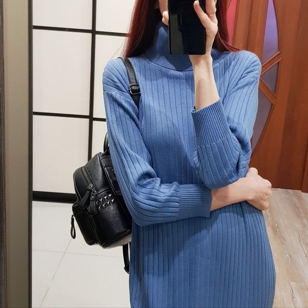 

2021gigogou turtleneck cowlneck women long knit straight dress autumn winter thick warm midi dress ribbed knitted christmas dresses, Black;gray