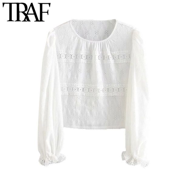 

women fashion hollow out embroidery cropped blouses vintage long sleeve with ruffle trim female shirts chic 210507, White
