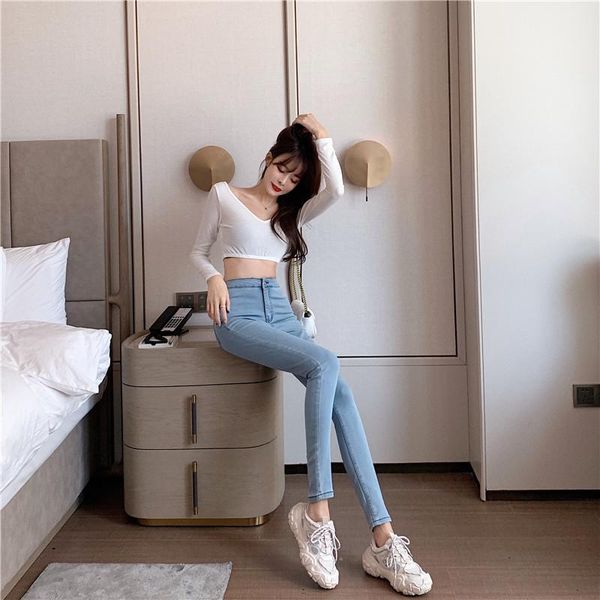

women's jeans fashion clothing high waist thin cowboy little feet pencil light color tight 2021 summer legging trousers, Blue