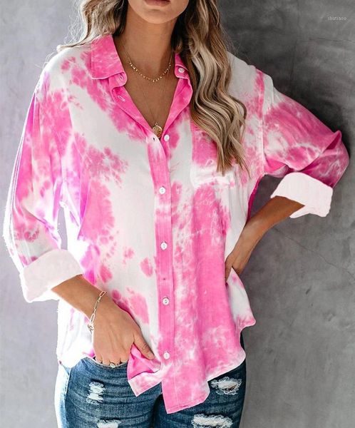 

women tie dye print skin-friendly quickly-dry breathable shirt long sleeve tailored collar cardigan casual style blouse women's blouses, White