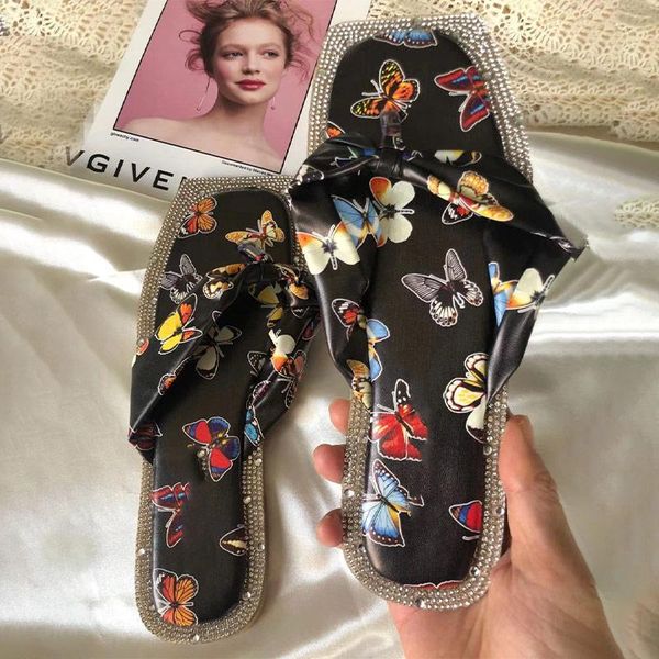 

summer women's slippers flat ladies square toe crystal beach shoes female butterfly print flip flop woman slides casual 2021, Black
