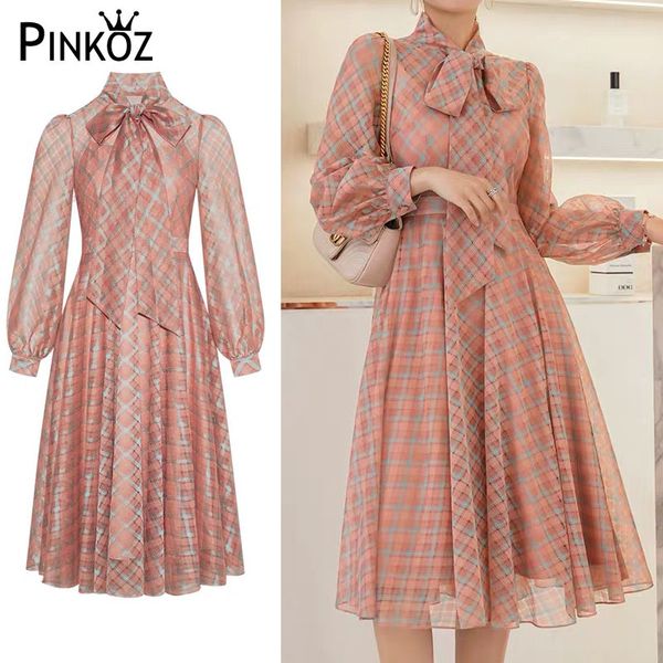 

designer chic elegant bowknot collar plaid a line dress retro lady office work button up casual vestidos plus size 210421, Black;gray