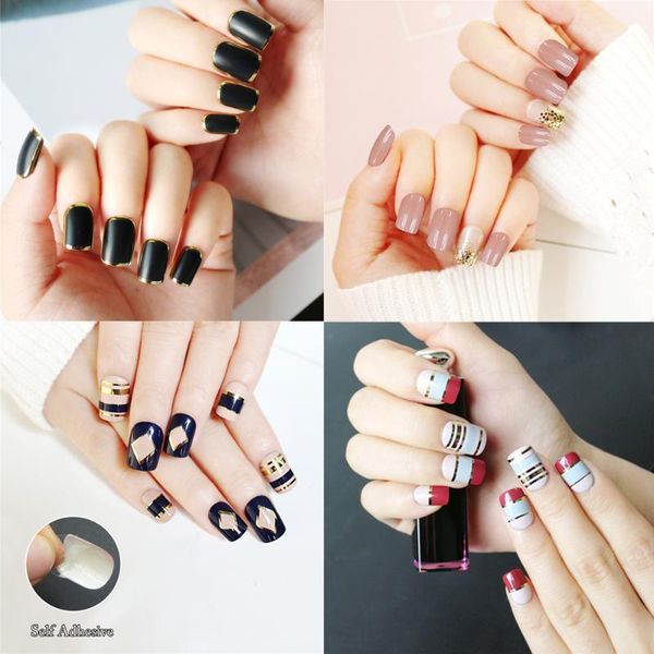 

24pcs/pcs fake nails art tips with designs detachable square fingers manicure press on false adhesive 20211, Red;gold