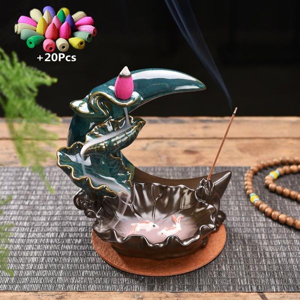 

fragrance lamps moonlight over the lotus pond waterfall backflow incense burner with 20 cones stick holder, ornament, zen