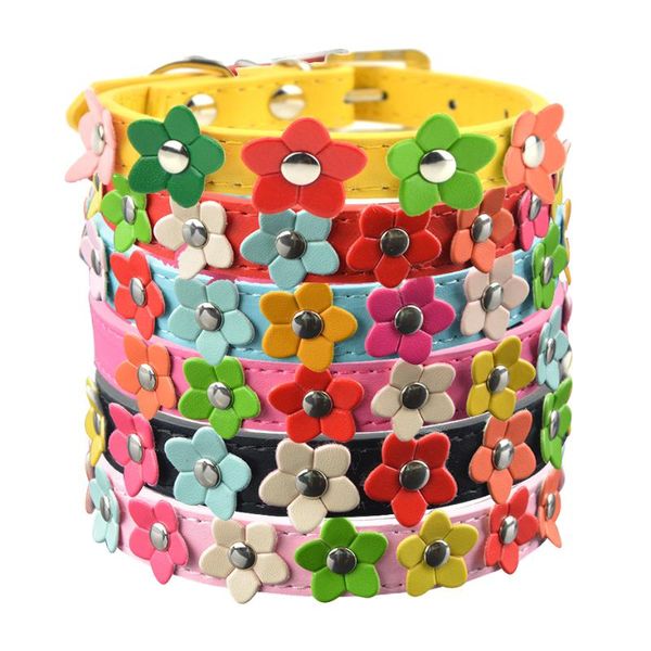 

dog collars & leashes pu leather one row flower studded small medium pet collar leash lead