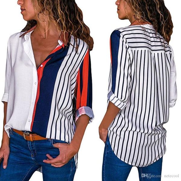 

color women block blouses striped elegant office lady blouse casual long sleeve button shirt chemise, White