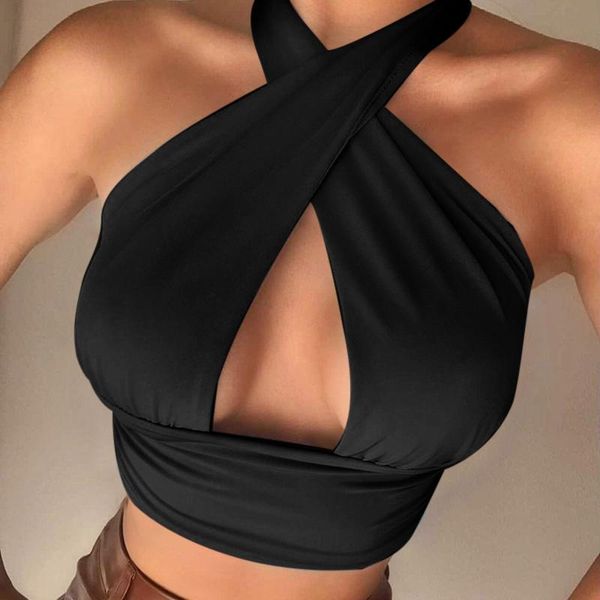 

women's tanks & camis criss cross tank sleeveless solid color cutout front crop party club streetwear summer lady bustier, White