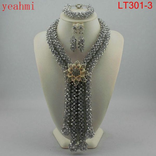 

earrings & necklace african costume jewelry set big nigerian wedding bridal crystal beads bracelet lt301-1, Silver