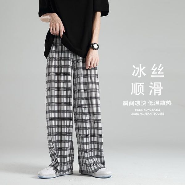 

men's pants summer thin cotton casual fashion retro plaid men streetwear loose hip-hop wide-leg mens trousers s-2xl, Black