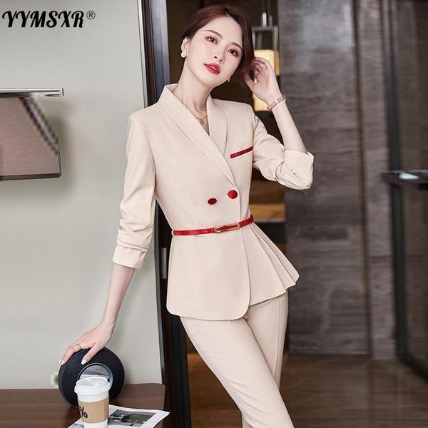 

women's two piece pants spring and autumn 2021 plus size office work long-sleeved suits high-quality professional suit two-piece, White