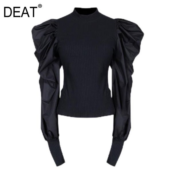 

[deat] autumn turltneck puff sleeves knitting pullover elastic women fashion t shirt knits female wo10207l 210428, White;black