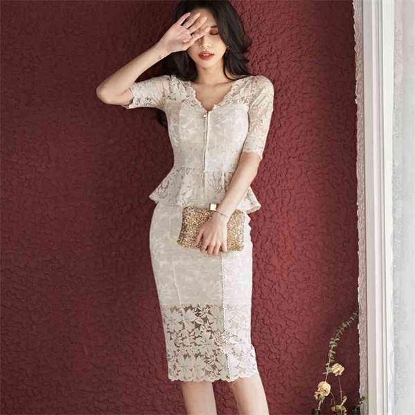 

2 piece set dress for women summer beige korea lace sleeve v neck acetate ladies office party dresses 210602, White