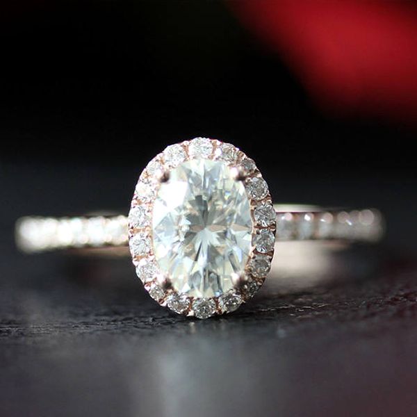 Halo Diamond Solid 14K Roségold 5x7mm Ovalschliff Moissanit Verlobungsversprechen Ring Einzigartige Moissanit Hochzeit