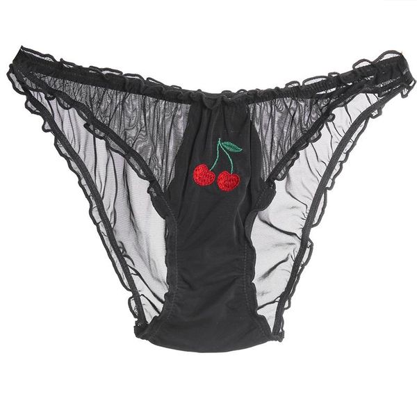 

women panties lace underwear hollow out transparent breathable briefs sweet cute fruits embroidery low-waist underpants women's, Black;pink