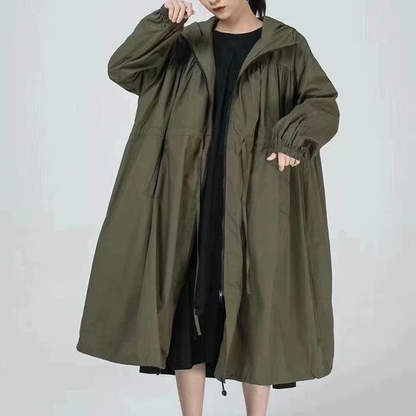 

women's trench coats superaen casual autumn 2021 plus size solid long loose zipper hooded coat for women, Tan;black