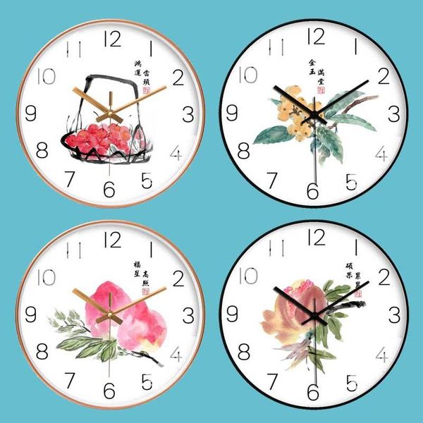 

wall clocks [10 12 inch] chinese painting art clock living room creative mute flowers fruit hanging for office home decor