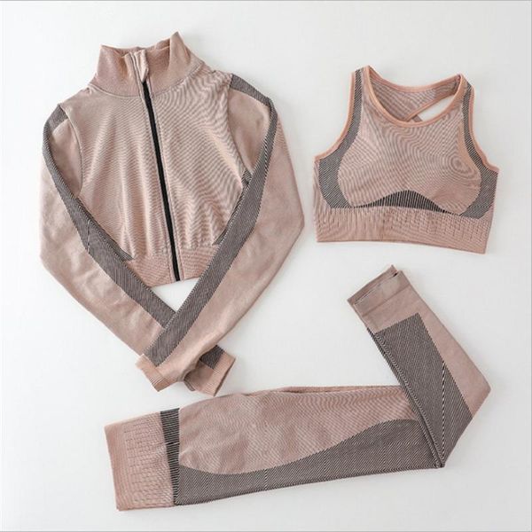 

women's seamless fitness set long-sleeved t-shirt gym wear sports bra elastic running leggings high waist training yoga pants outfit