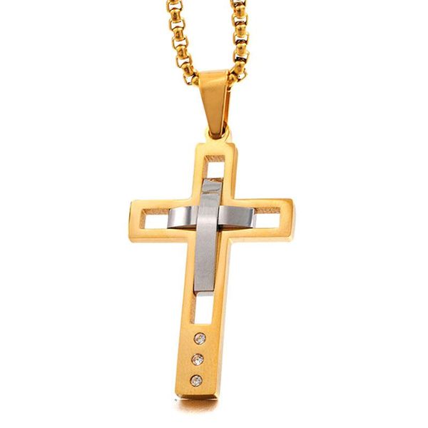 

pendant necklaces anniversary father jewelry two tone gold color cross mens' & necklace punk stainless steel crystal stone crucifix p74, Silver