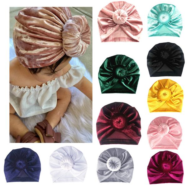 

11colors velvet kid newborn baby girls hat baby indian twist knot bonnet chemo turban cap beanie hat head scarf wrap solid, Yellow