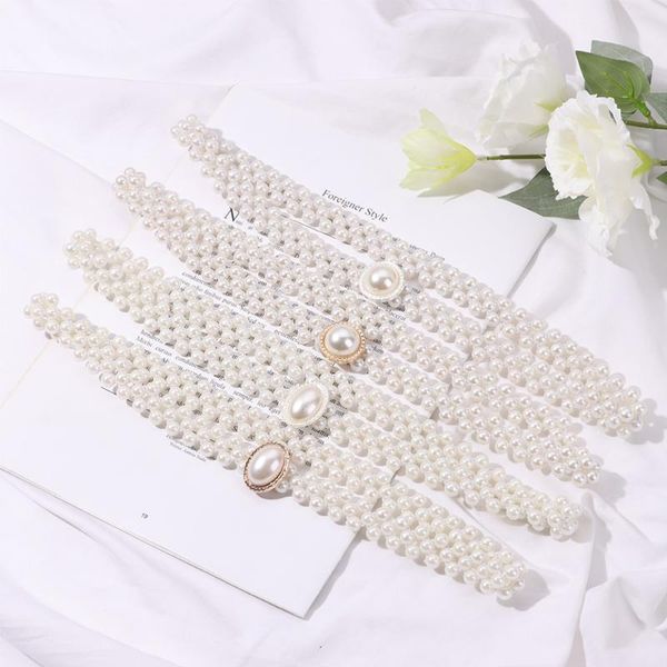 

belts 1pc fashion pearl waist chain elegant dress decoration clothing elastic buckle female women strap rhinestone accessory, Black;brown