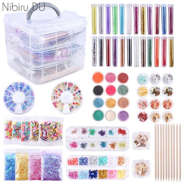 

nail art decorations kit glitter powder dried flower wooden stick set box with handle for manicure nails diy accessories kits