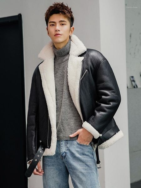

men's leather & faux genuine jacket men winter real fur coat shearling motorcycle man fashion jacekts 19188 kj3322, Black
