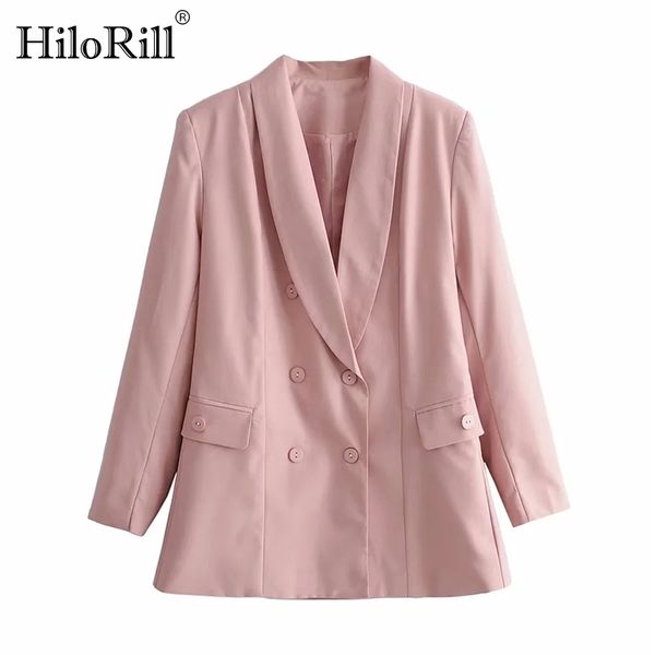 

women elegant double breasted pink blazer fashion office wear long sleeve coat notched collar solid jacket with pockets 210508, White;black