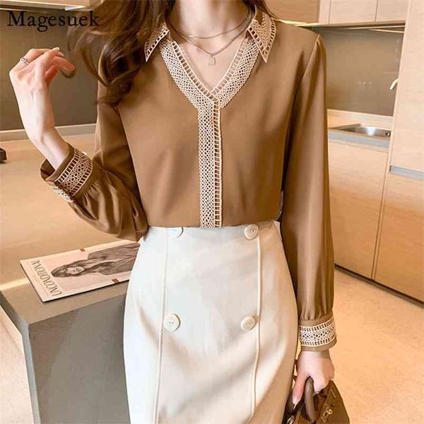 

spring v-neck solid satin silk shirt women chic hollow embroidery blouse long sleeve plus size ladies 13094 210512, White
