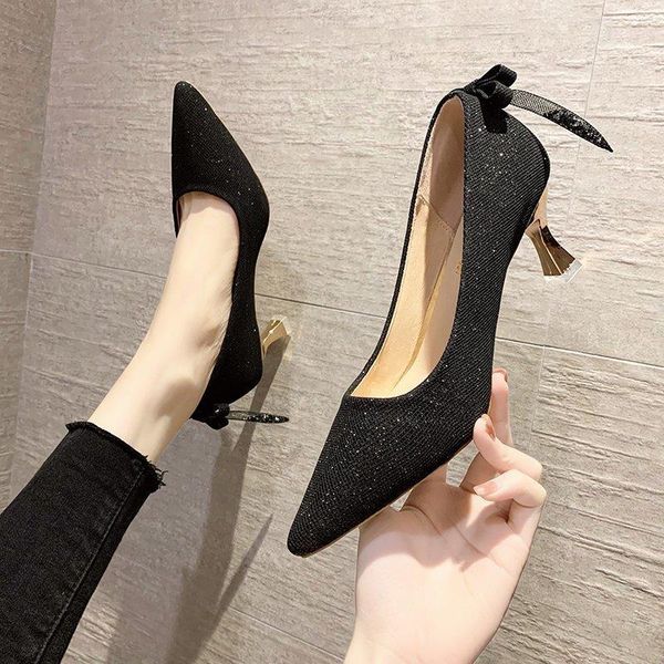

spring sequined female large size 35-40 pointed shallow mouth thin heels luxury shoes women designers zapato mujer dress, Black