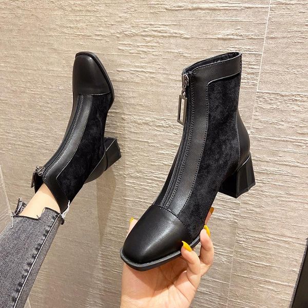 

boots women's short 2021 autumn winter mid-heel square thick heel women, Black