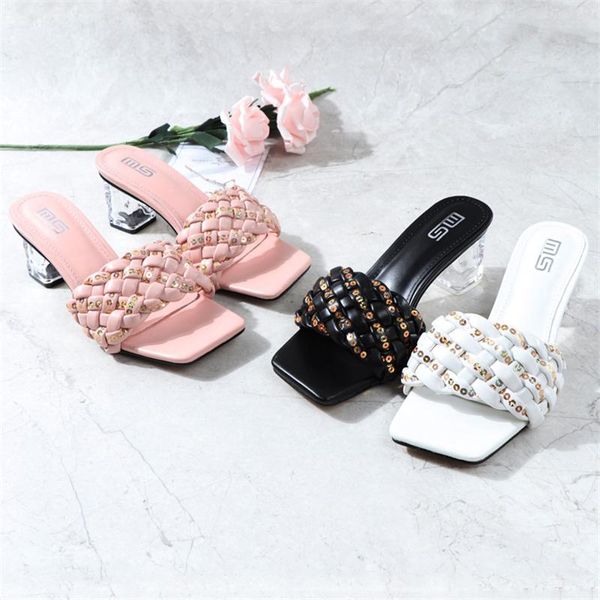 

dress shoes 2021 women slippers women's female 6cm crystal heels sandals weave mules slides elegant shoe outdoor open toe square, Black