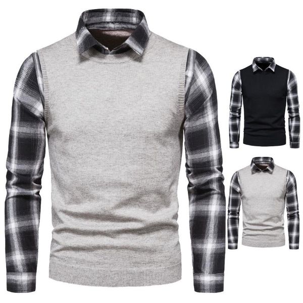 

men's sweaters men fashion fake two pieces sweater plaid lapel collared shirt long sleeve basic knitted harajuku pullovers, White;black