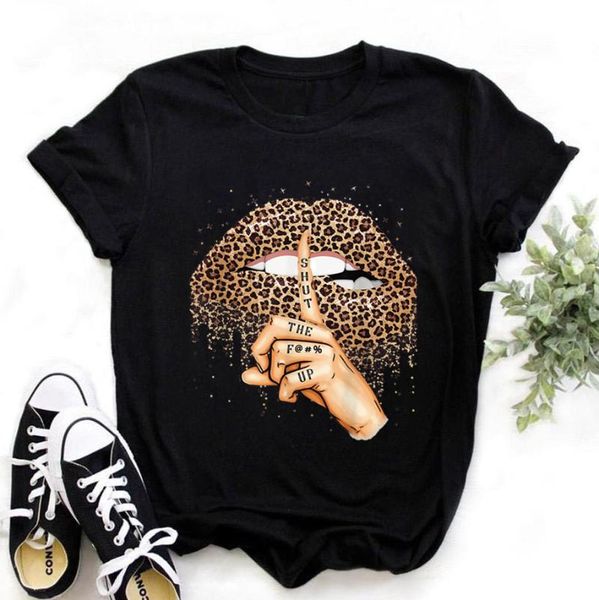 

women's t-shirt summer leopard print lip black plus size women short-sleeved harajuku round neck clothes, White