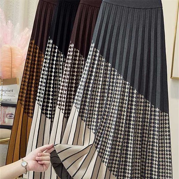 

surmiitro patchwork knit midi long pleated skirt women autumn winter korean style mid-length high waist a line female 211119, Black