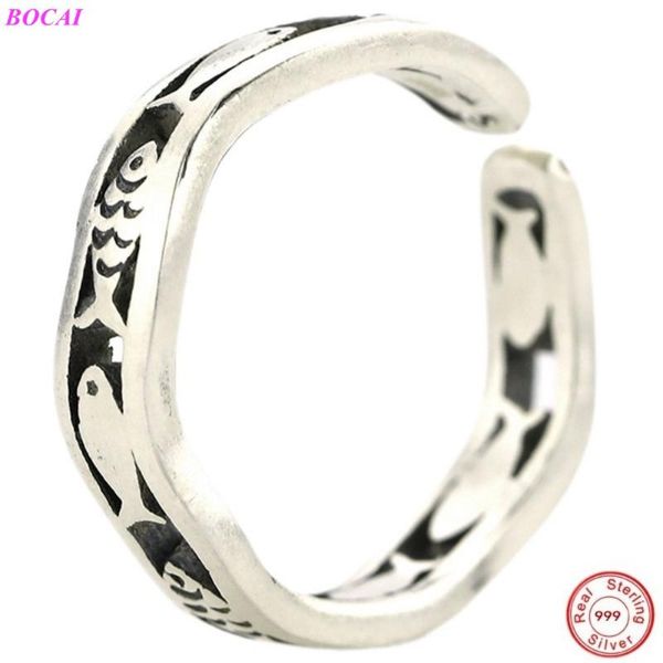 

cluster rings bocai s990 pure silver [swimming fish] ring thai craft handmade opening adjustable retro simple single for women, Golden;silver