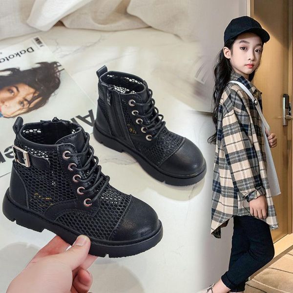 

boots 2021 versatile hollow breathable net children' british style short girls casual light shoes kids for girl, Black;grey