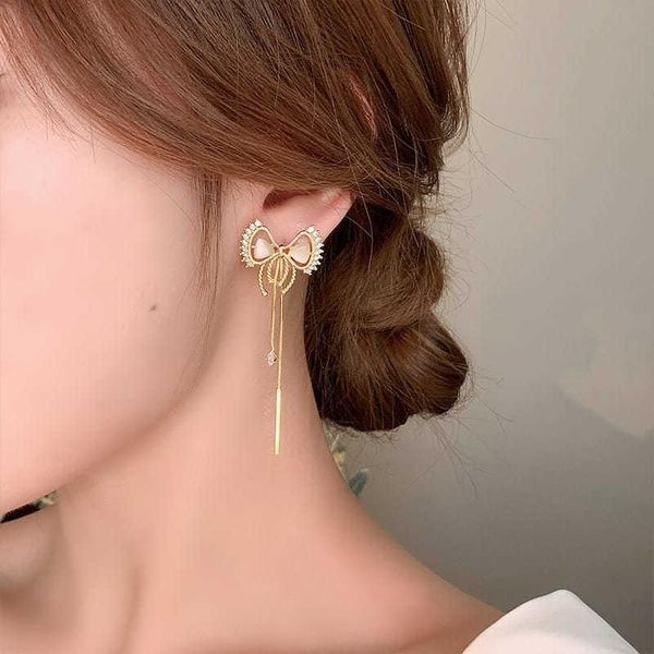 

dangle & chandelier korean fashion jewelry opal bow tassel earrings daily temperament long drop women's wholesale., Silver