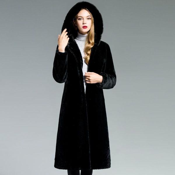 

women's fur & faux double faced female natural sheep shearling coats winter jacket women luxury mink collar wool coat, Black